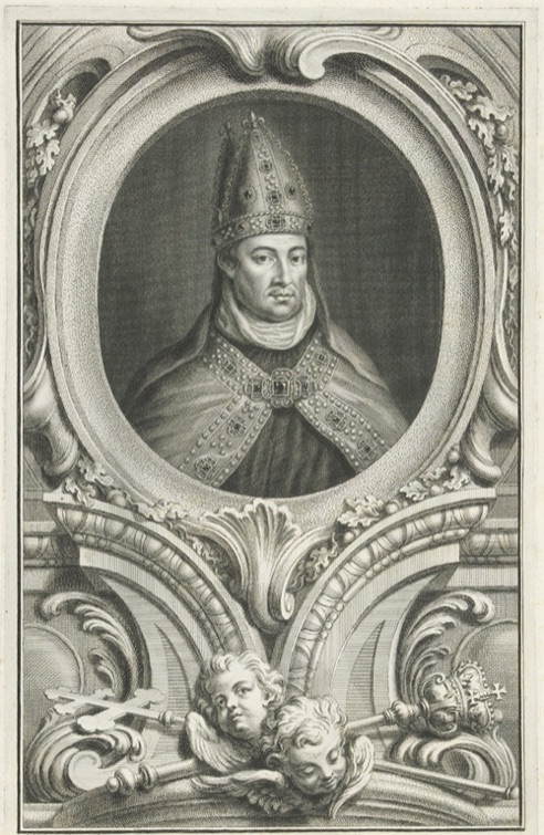 Engraved portrait of William of Wykeham in a bishop’s mitre, inside an ornamental oval frame