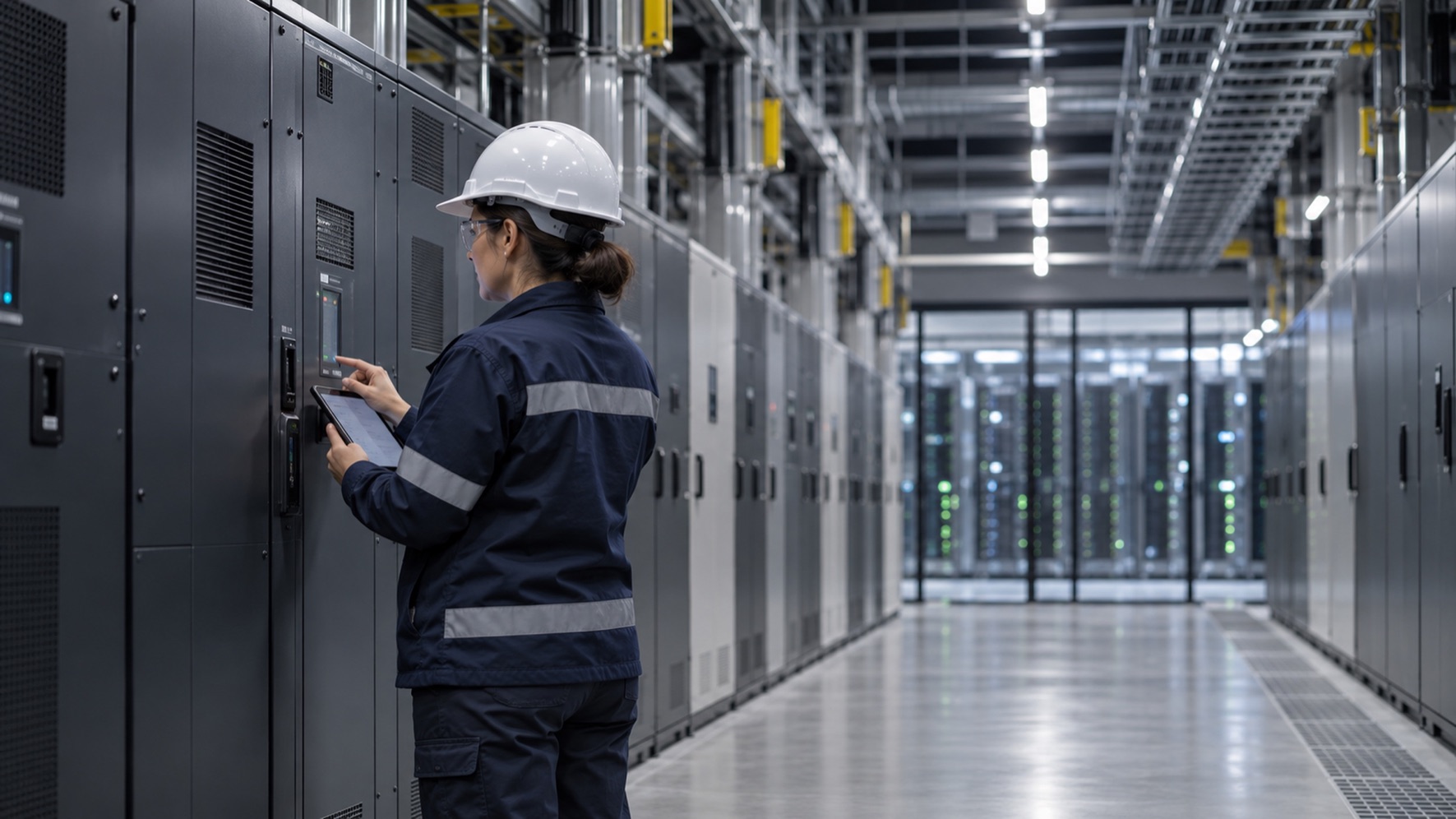 Engineer checking switchgear with a tablet in a data center corridor