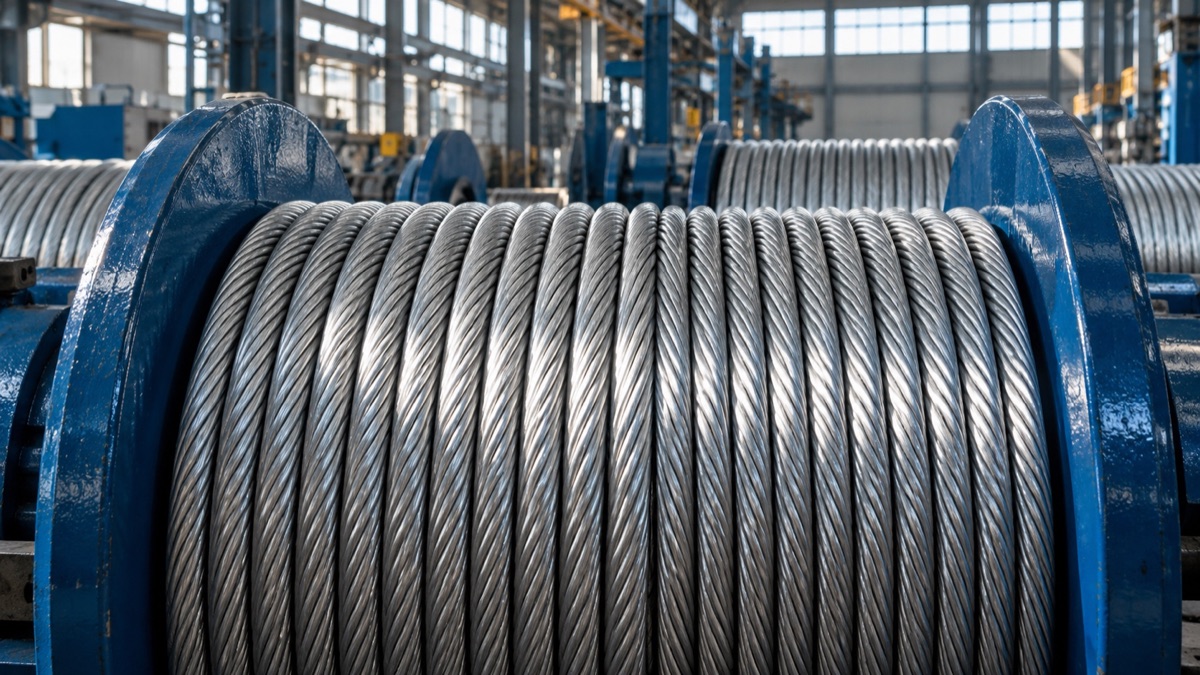 Steel cable wound on a spool in a manufacturing hall