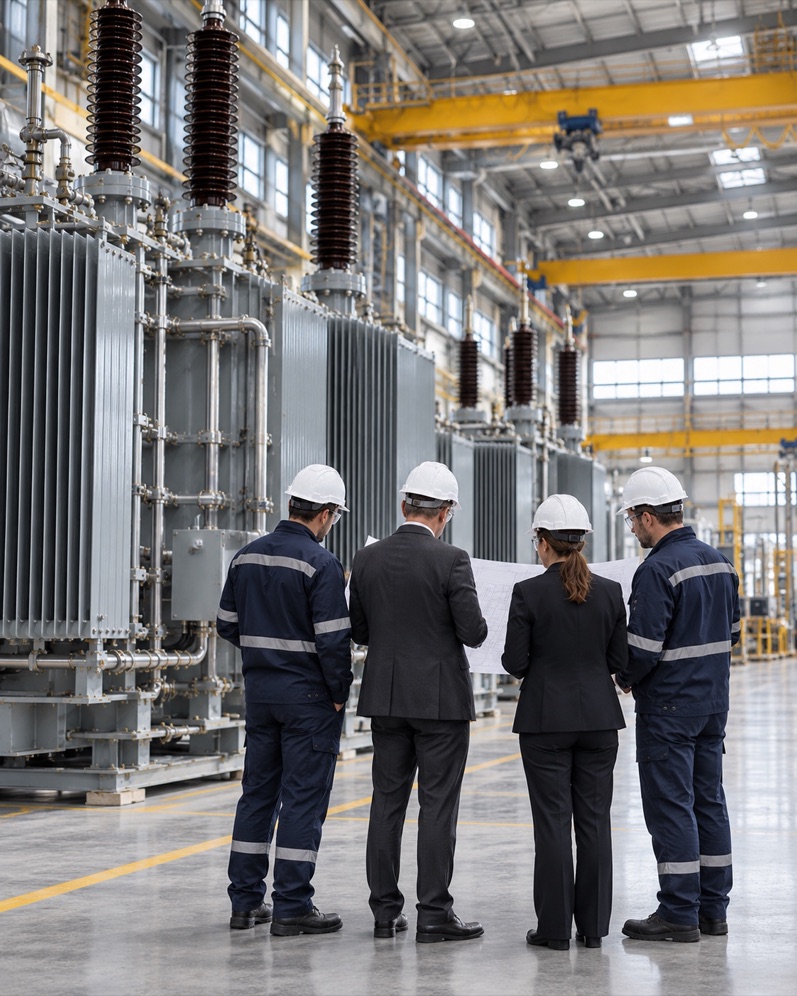 Engineers and advisors reviewing drawings beside transformer units on a factory floor