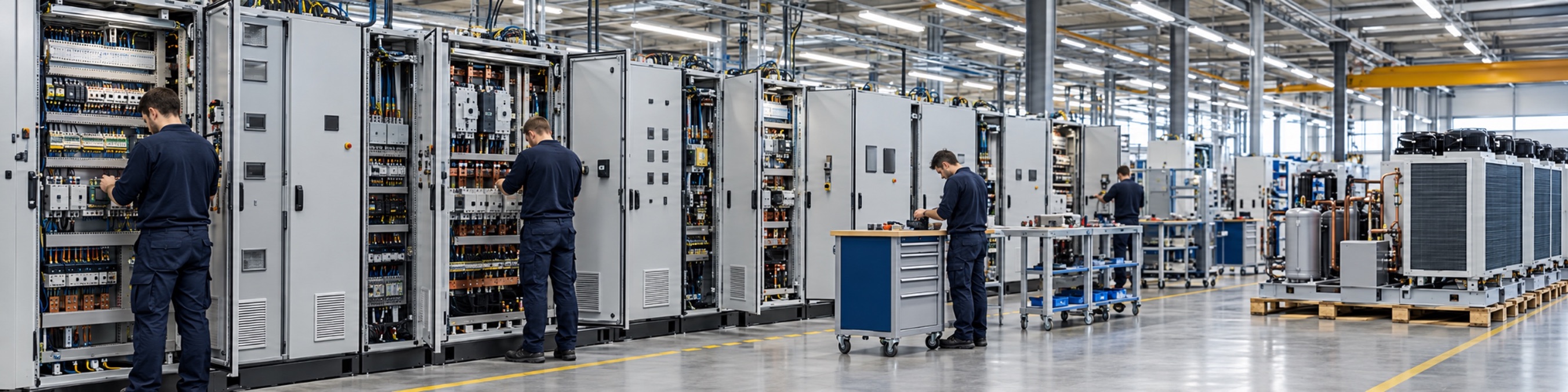 Technicians working at rows of open electrical control cabinets in a factory, with cooling units beyond