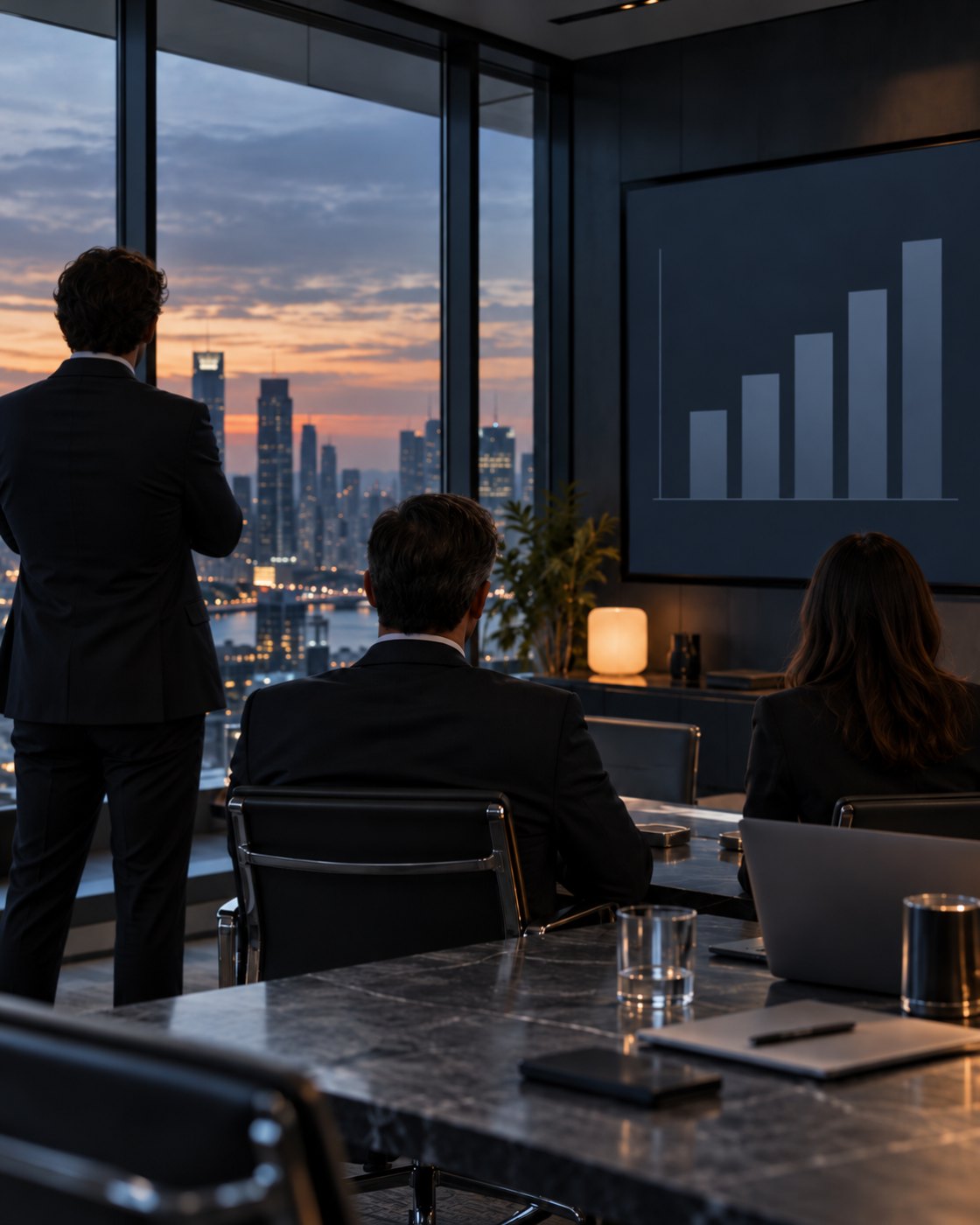 Investment team reviewing a chart in a boardroom at dusk