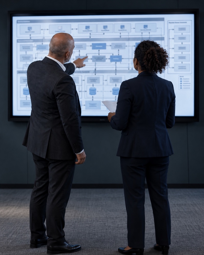 Two advisors reviewing a system architecture diagram on a wall screen
