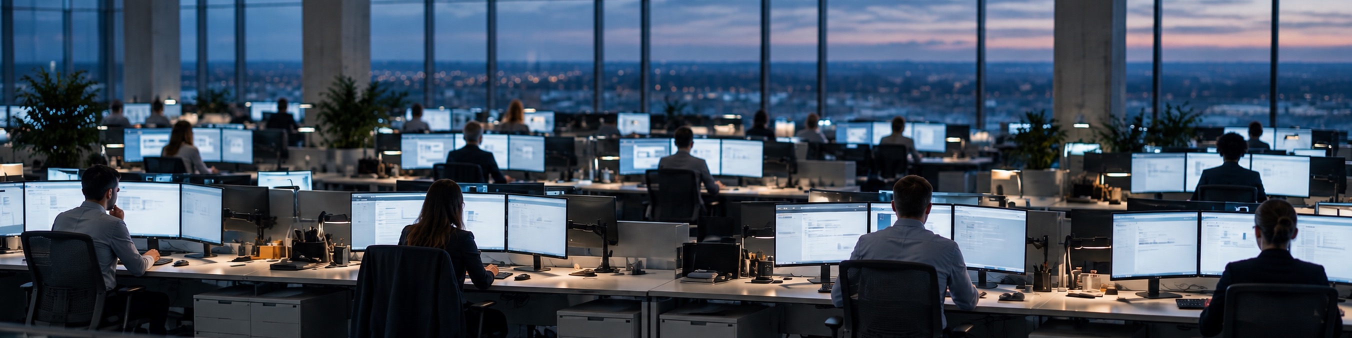 An open-plan office at dusk, with rows of people working at lit computer screens