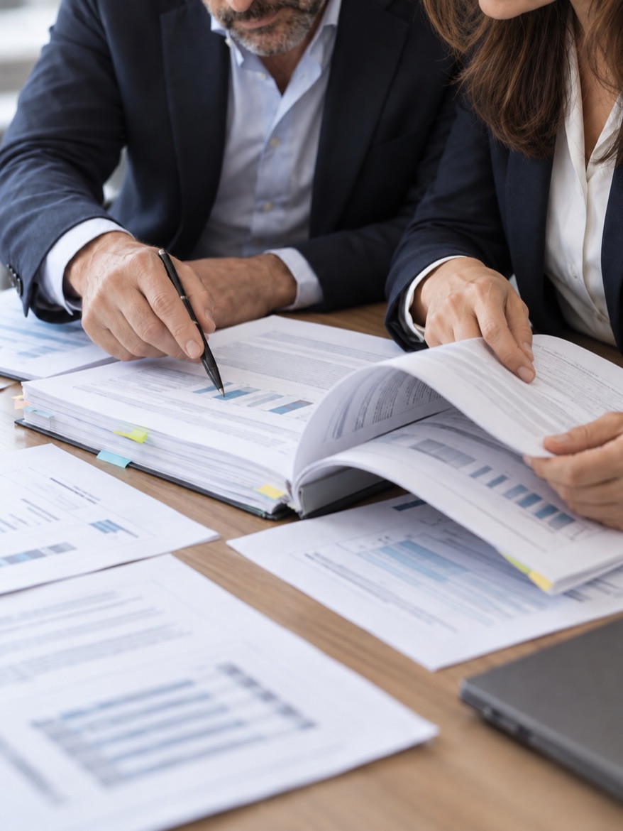 Two advisors reviewing a bound report of charts at a desk covered in printed charts
