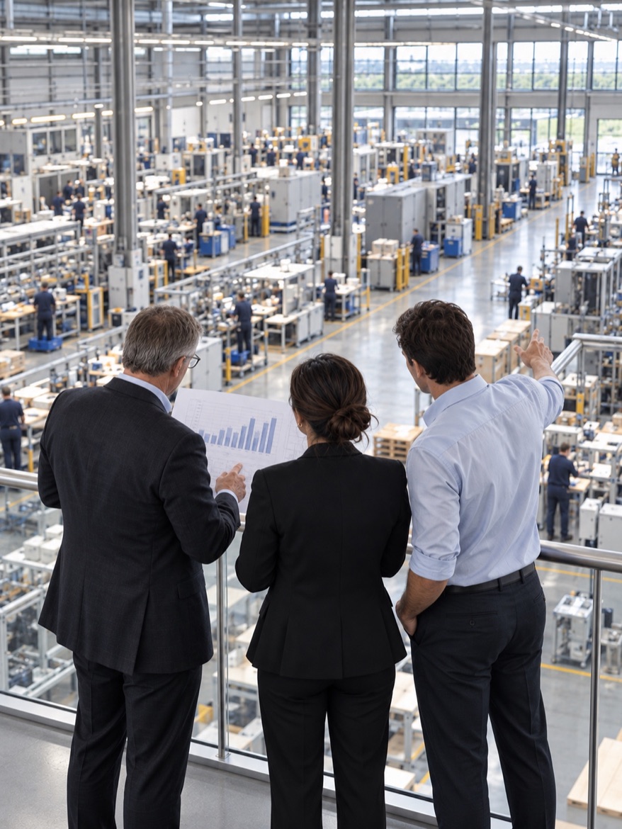 Three advisors reviewing a chart on a gallery overlooking a production floor