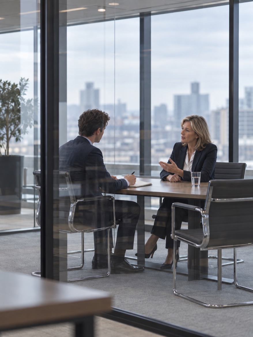 Two people talking across a table in a glass meeting room above a city skyline
